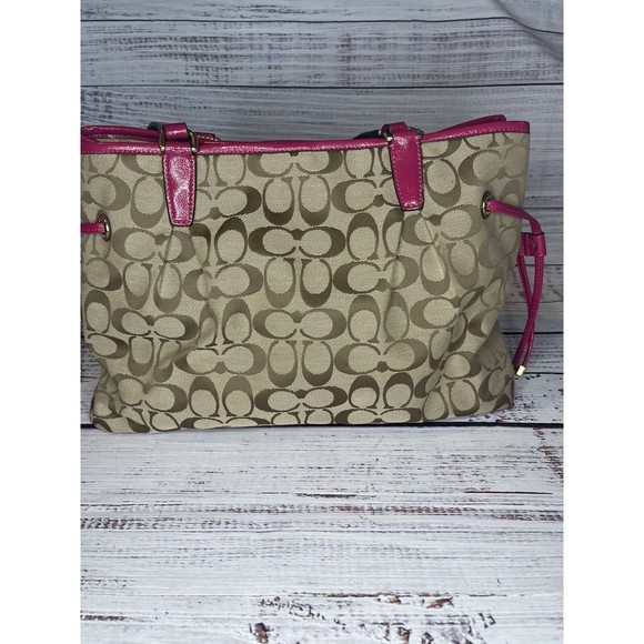 COACH F28501 Signature Stripe Drawstring Carryall Satchel Bag Pink Purse - Picture 7 of 16